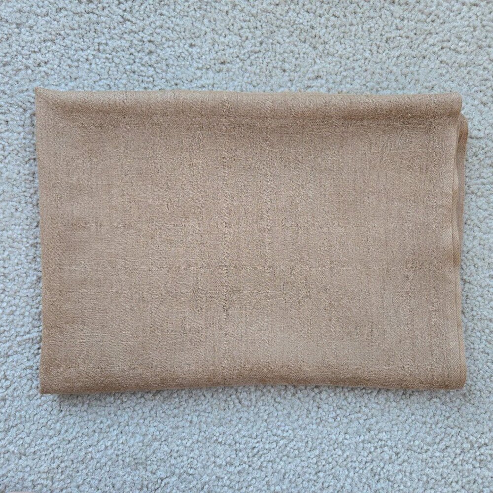 Cashmere Lightweight Woven Jacquard Scarf Tan Two Tiny Repaired Holes - Picture 4 of 12